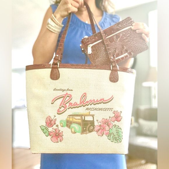 NWT Brahmin Pecan Pipa Leather and canvas Tote Bag and wristlet - Picture 2 of 14